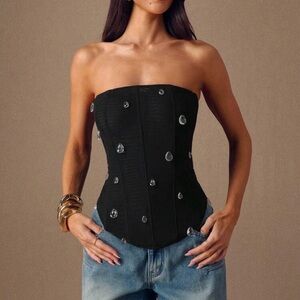 Black Strapless Corset Top with Gem Accents